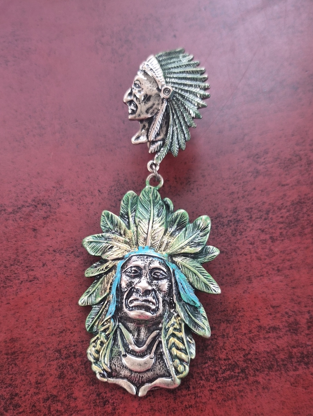 Silver-Tone Necklace Pendant with Green and Blue Headdress - Women Jewelry